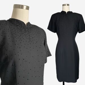 Vintage Jessica Howard black beaded mandarin collar button back dress modern M